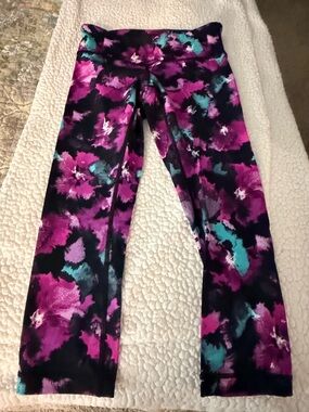 lululemon athletica Black Leggings with Purple and Teal Floral Print